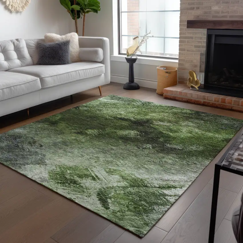 Green Abstract Washable Non Skid Indoor Outdoor Area Rug Photo 9