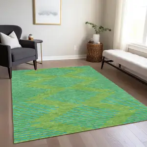 Photo of Green And Aqua Geometric Washable Indoor Outdoor Area Rug