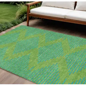 Photo of Green And Aqua Geometric Washable Indoor Outdoor Area Rug