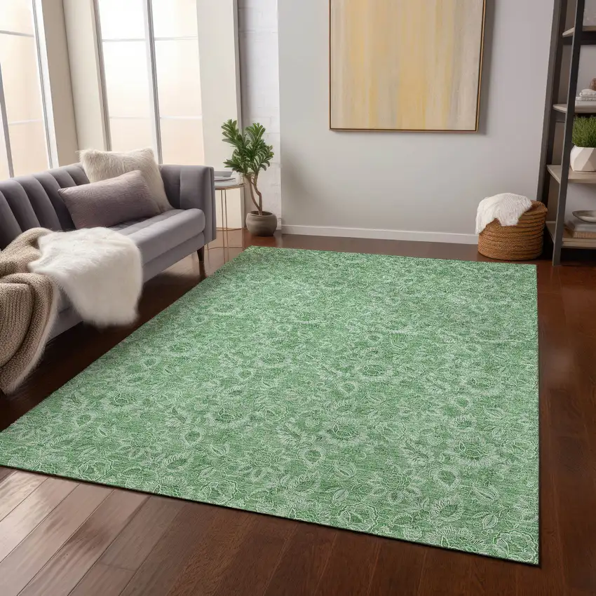 Green And Artichoke Green Floral Washable Indoor Outdoor Area Rug Photo 8