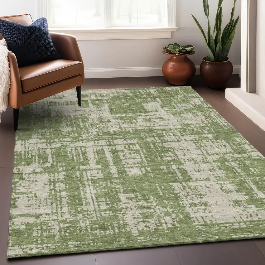 Green And Beige Abstract Washable Area Rug With UV Protection Photo 5