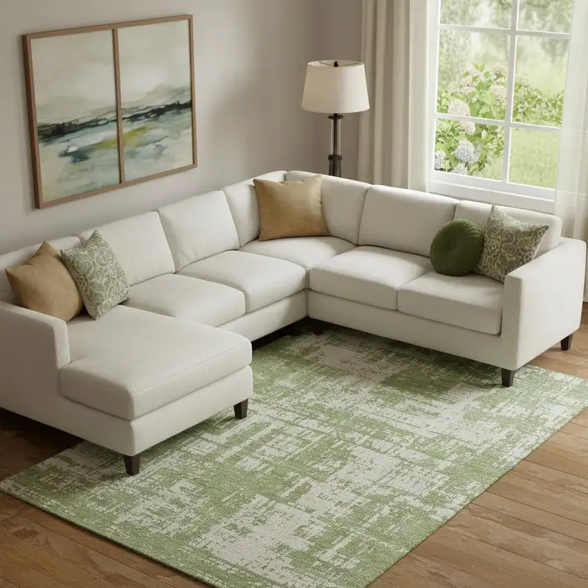 Green And Beige Abstract Washable Area Rug With UV Protection Photo 1