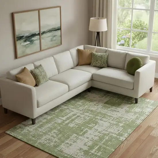 Green And Beige Abstract Washable Area Rug With UV Protection Photo 1