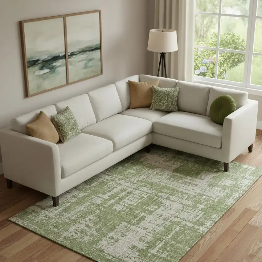 Green And Beige Abstract Washable Area Rug With UV Protection Photo 1