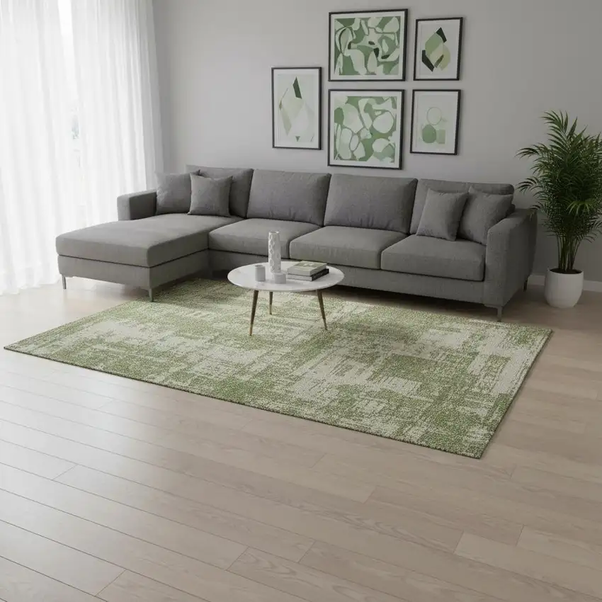 Green And Beige Abstract Washable Area Rug With UV Protection Photo 2