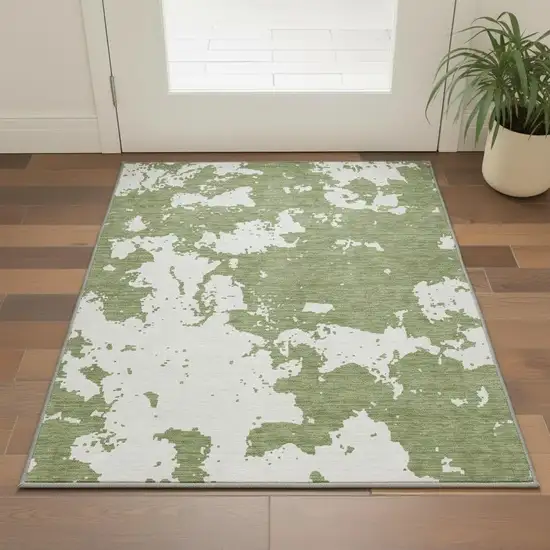 Green And Beige Abstract Washable Area Rug With UV Protection Photo 2