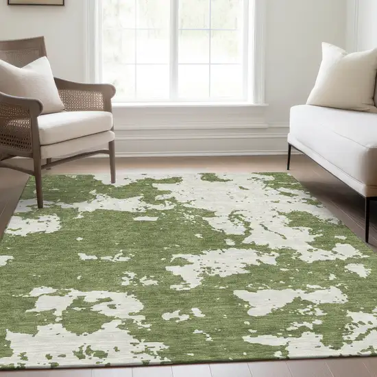 Green And Beige Abstract Washable Area Rug With UV Protection Photo 6