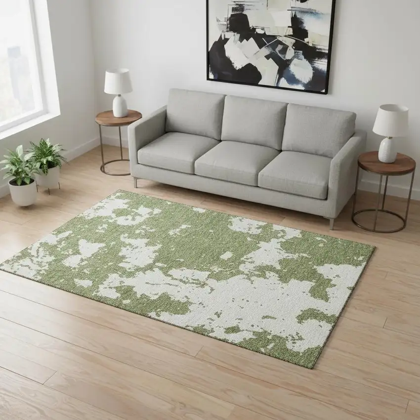 Green And Beige Abstract Washable Area Rug With UV Protection Photo 2