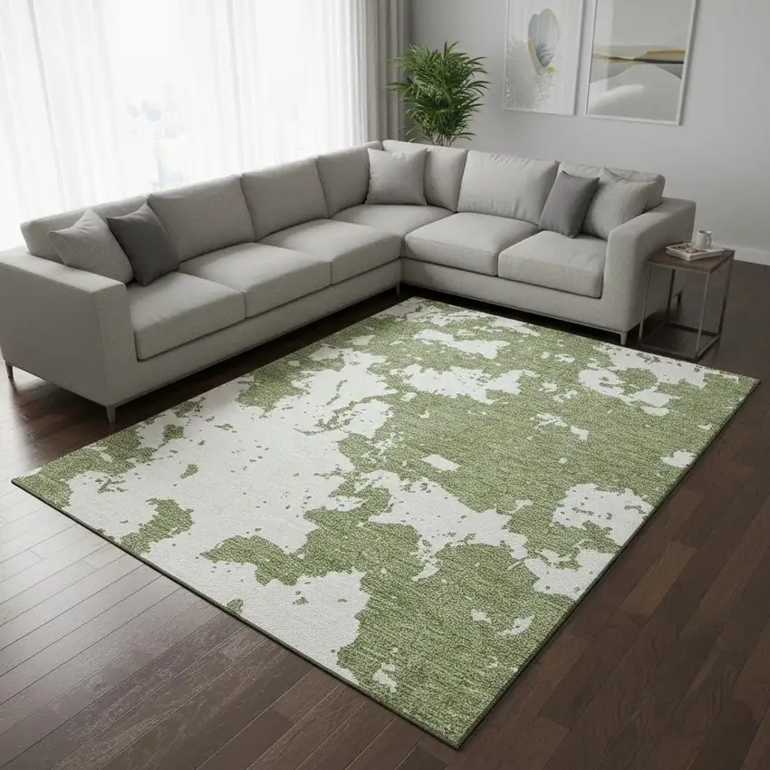 Green And Beige Abstract Washable Area Rug With UV Protection Photo 2
