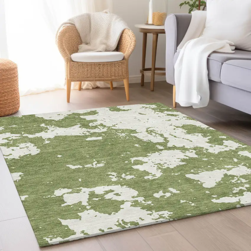 Green And Beige Abstract Washable Area Rug With UV Protection Photo 5