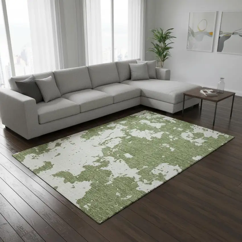 Green And Beige Abstract Washable Area Rug With UV Protection Photo 2