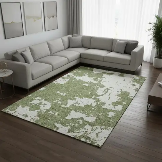 Green And Beige Abstract Washable Area Rug With UV Protection Photo 2