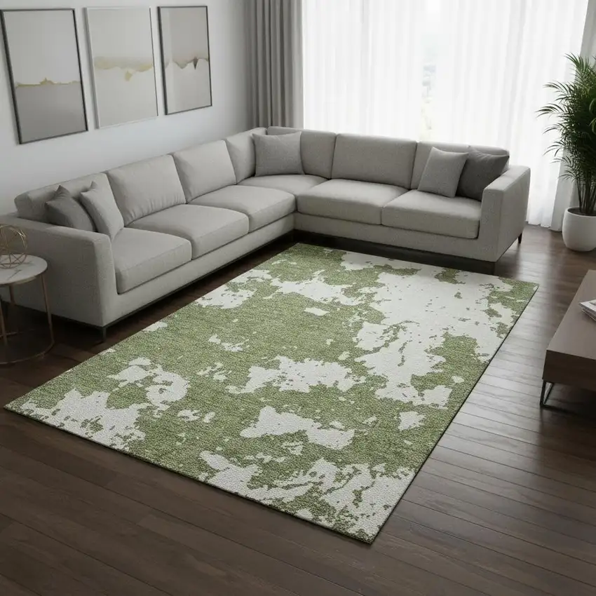 Green And Beige Abstract Washable Area Rug With UV Protection Photo 2