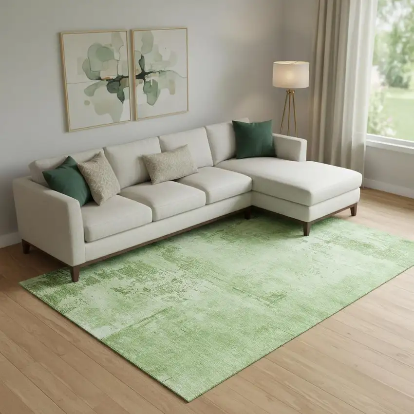 Green And Beige Abstract Washable Area Rug With UV Protection Photo 2