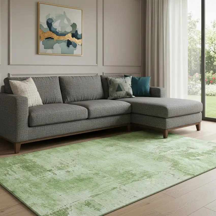 Green And Beige Abstract Washable Area Rug With UV Protection Photo 2