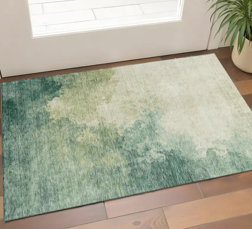 Green And Beige Abstract Washable Area Rug With UV Protection Photo 1