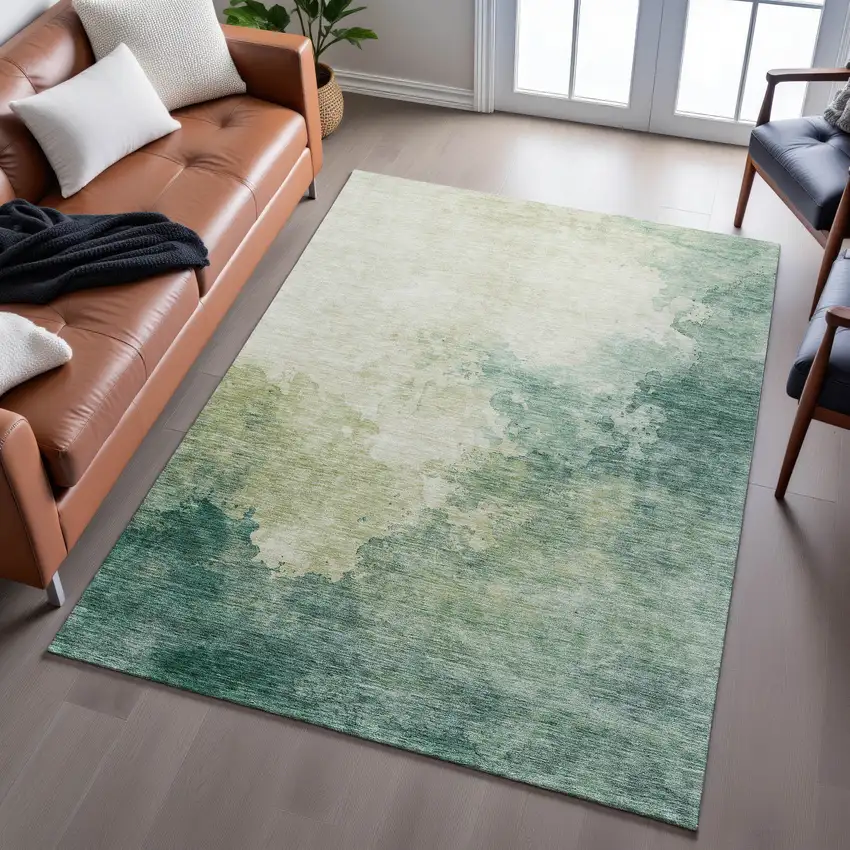 Green And Beige Abstract Washable Area Rug With UV Protection Photo 5