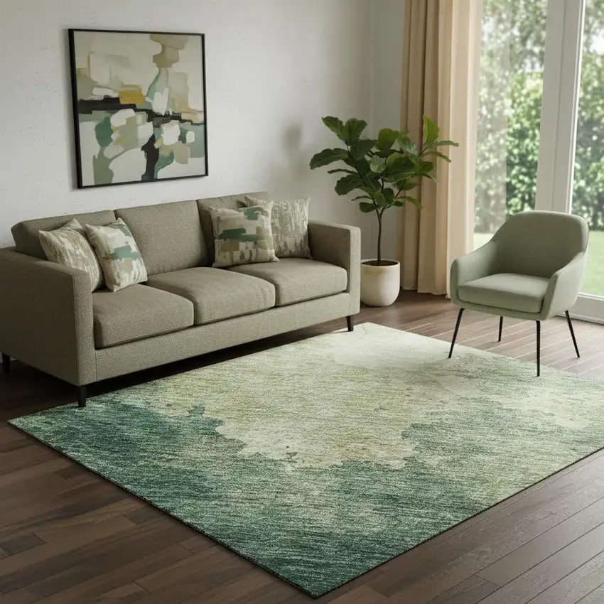Green And Beige Abstract Washable Area Rug With UV Protection Photo 2