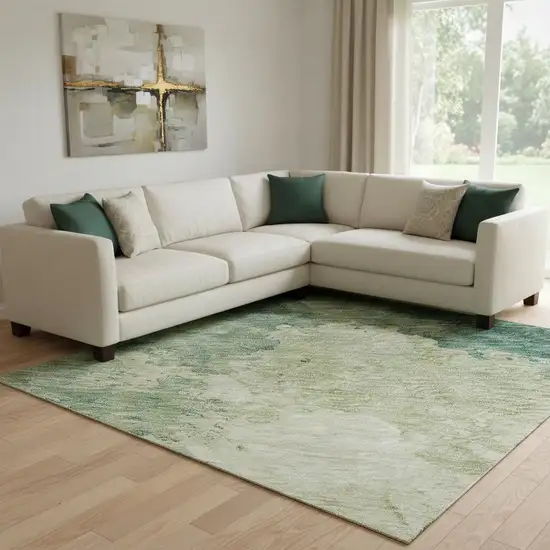 Green And Beige Abstract Washable Area Rug With UV Protection Photo 2