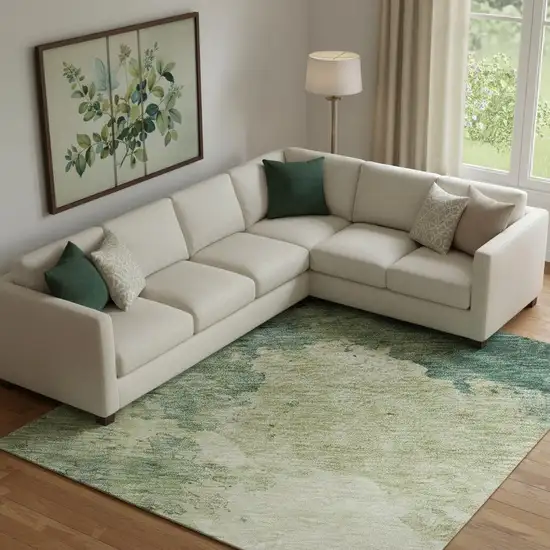 Green And Beige Abstract Washable Area Rug With UV Protection Photo 2