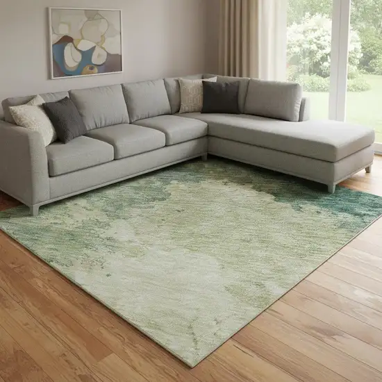 Green And Beige Abstract Washable Area Rug With UV Protection Photo 2