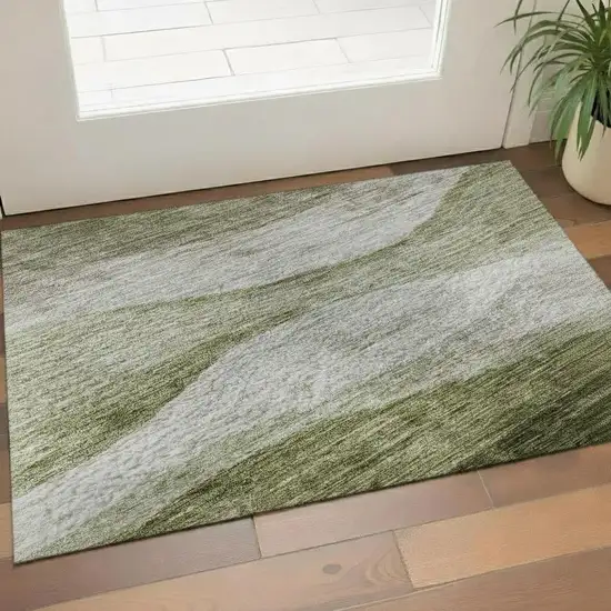 Green And Beige Abstract Washable Area Rug With UV Protection Photo 2