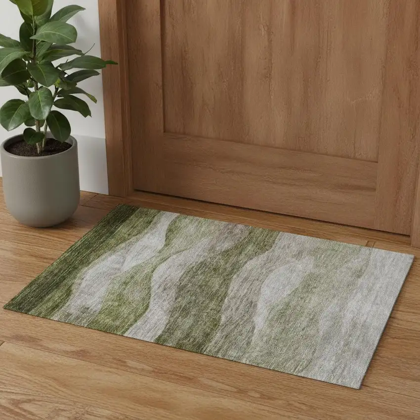 Green And Beige Abstract Washable Area Rug With UV Protection Photo 1