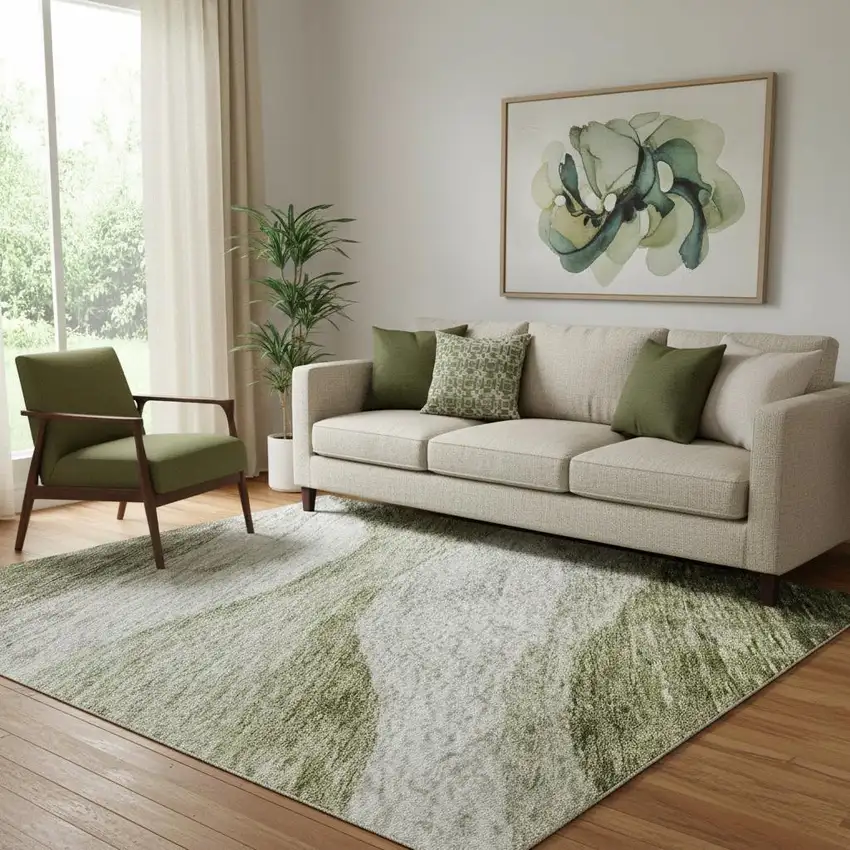 Green And Beige Abstract Washable Area Rug With UV Protection Photo 2