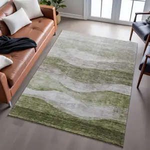 Photo of Green And Beige Abstract Washable Area Rug With UV Protection