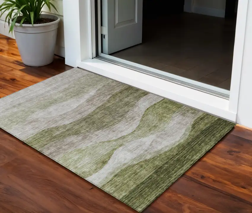 Green And Beige Abstract Washable Indoor Outdoor Area Rug Photo 1