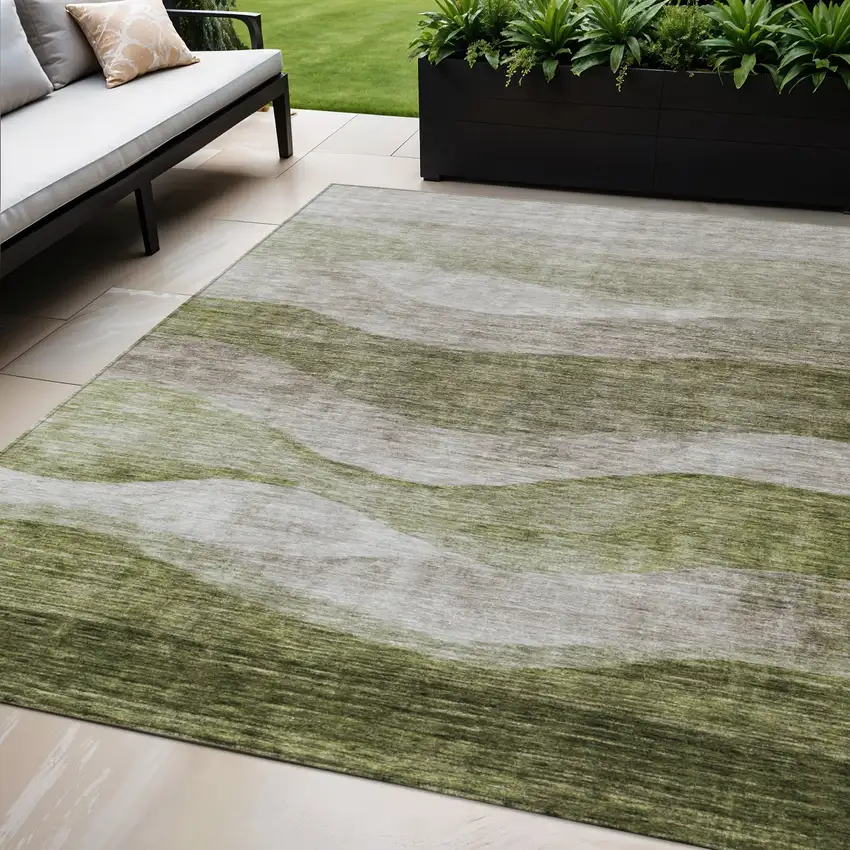 Green And Beige Abstract Washable Indoor Outdoor Area Rug Photo 1
