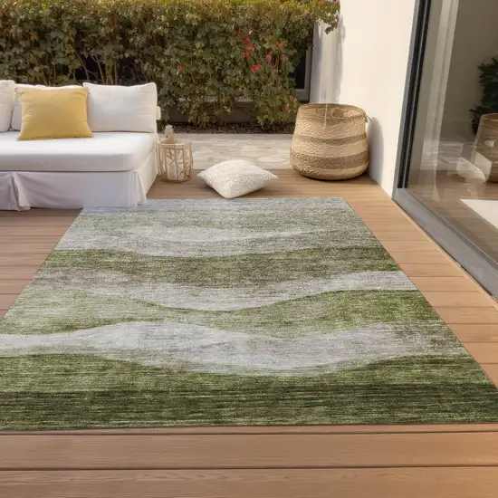 Green And Beige Abstract Washable Indoor Outdoor Area Rug Photo 9