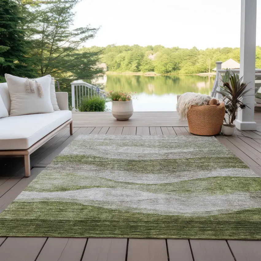 Green And Beige Abstract Washable Indoor Outdoor Area Rug Photo 7