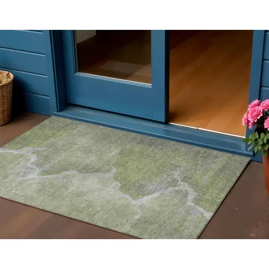 Green And Beige Abstract Washable Indoor Outdoor Area Rug Photo 2