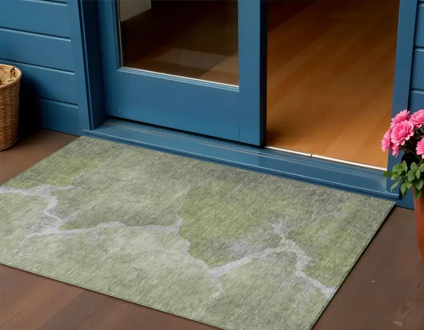 Green And Beige Abstract Washable Indoor Outdoor Area Rug Photo 2