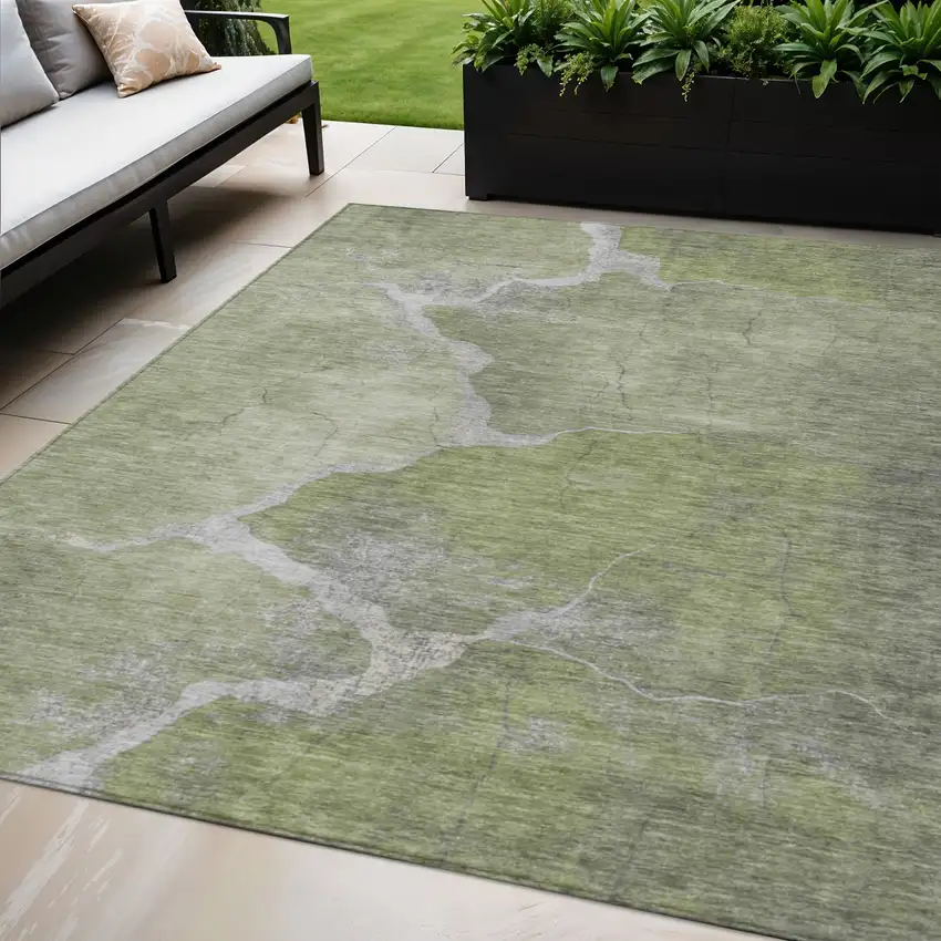 Green And Beige Abstract Washable Indoor Outdoor Area Rug Photo 2