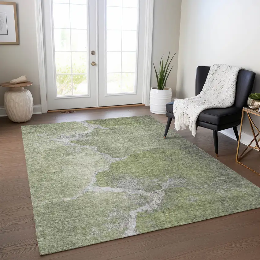 Green And Beige Abstract Washable Indoor Outdoor Area Rug Photo 6