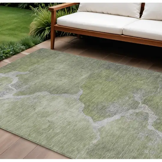 Green And Beige Abstract Washable Indoor Outdoor Area Rug Photo 2