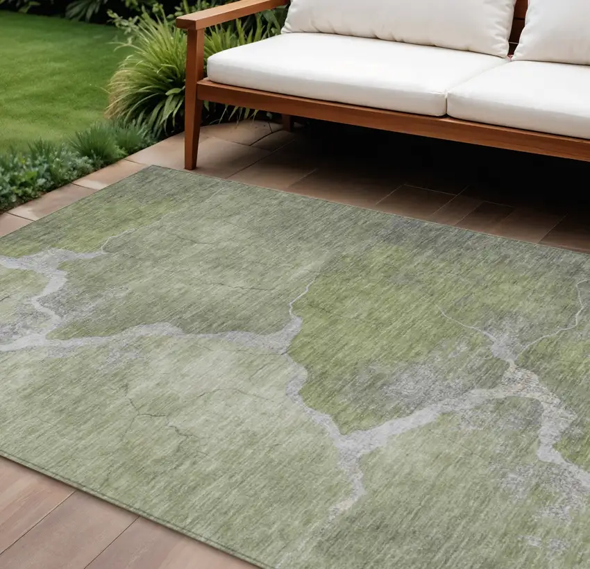 Green And Beige Abstract Washable Indoor Outdoor Area Rug Photo 2
