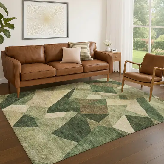 Green And Beige Abstract Washable Indoor Outdoor Area Rug Photo 5