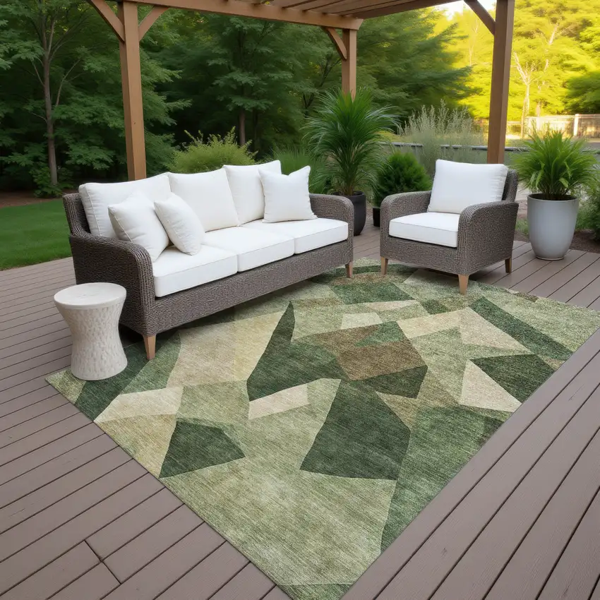 Green And Beige Abstract Washable Indoor Outdoor Area Rug Photo 7