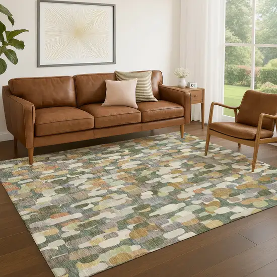 Green And Beige Abstract Washable Indoor Outdoor Area Rug Photo 5