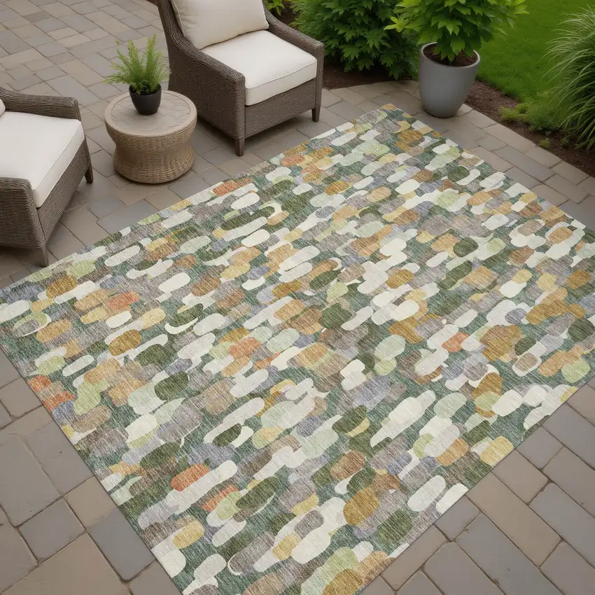 Green And Beige Abstract Washable Indoor Outdoor Area Rug Photo 7
