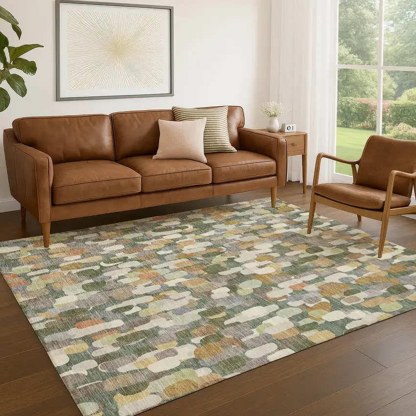 Green And Beige Abstract Washable Indoor Outdoor Area Rug Photo 5