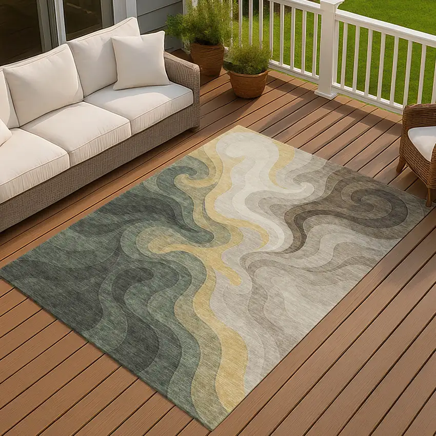 Green And Beige Abstract Washable Indoor Outdoor Area Rug Photo 7