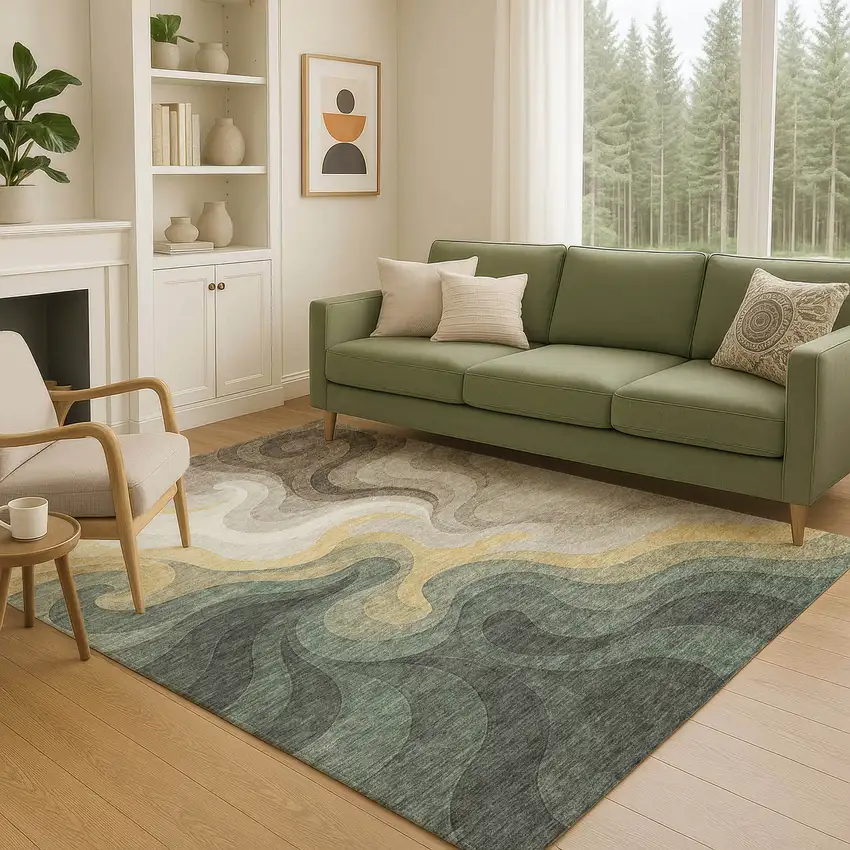 Green And Beige Abstract Washable Indoor Outdoor Area Rug Photo 5