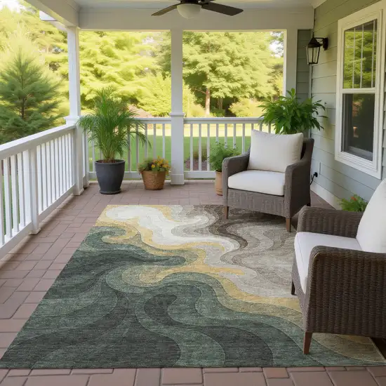 Green And Beige Abstract Washable Indoor Outdoor Area Rug Photo 4