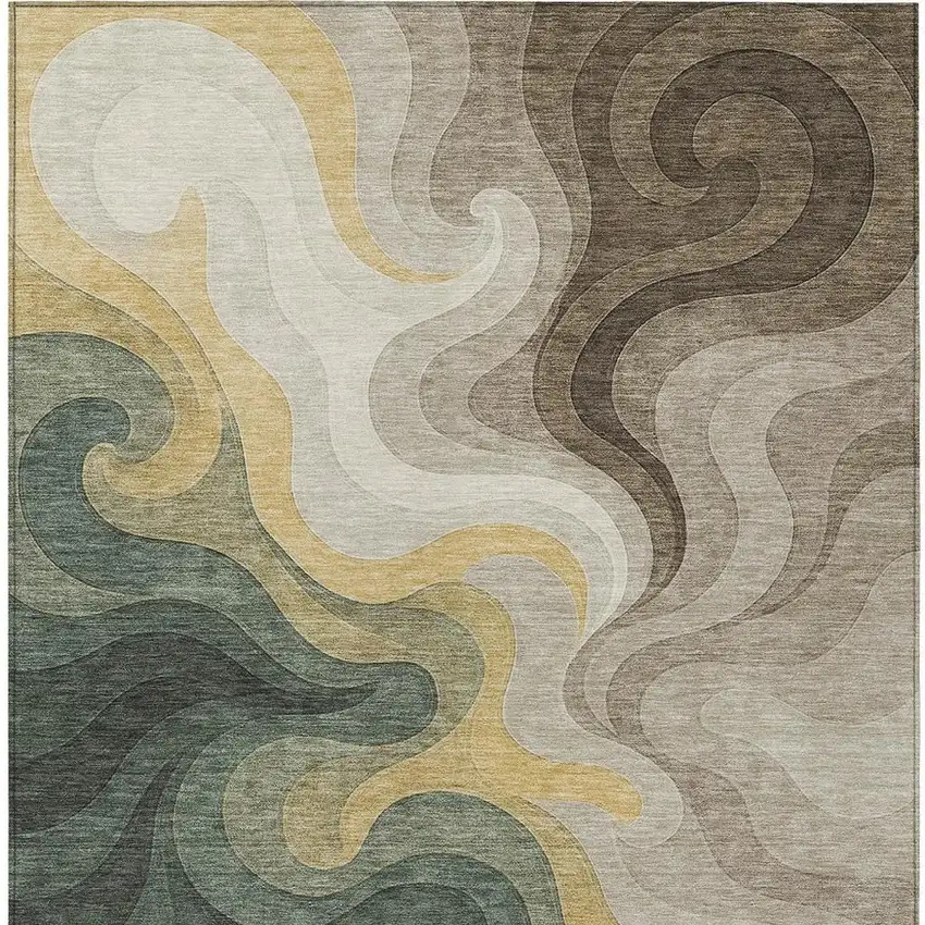 Green And Beige Abstract Washable Indoor Outdoor Area Rug Photo 3