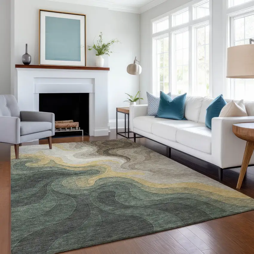 Green And Beige Abstract Washable Indoor Outdoor Area Rug Photo 6