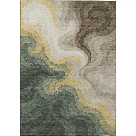 Green And Beige Abstract Washable Indoor Outdoor Area Rug Photo 1